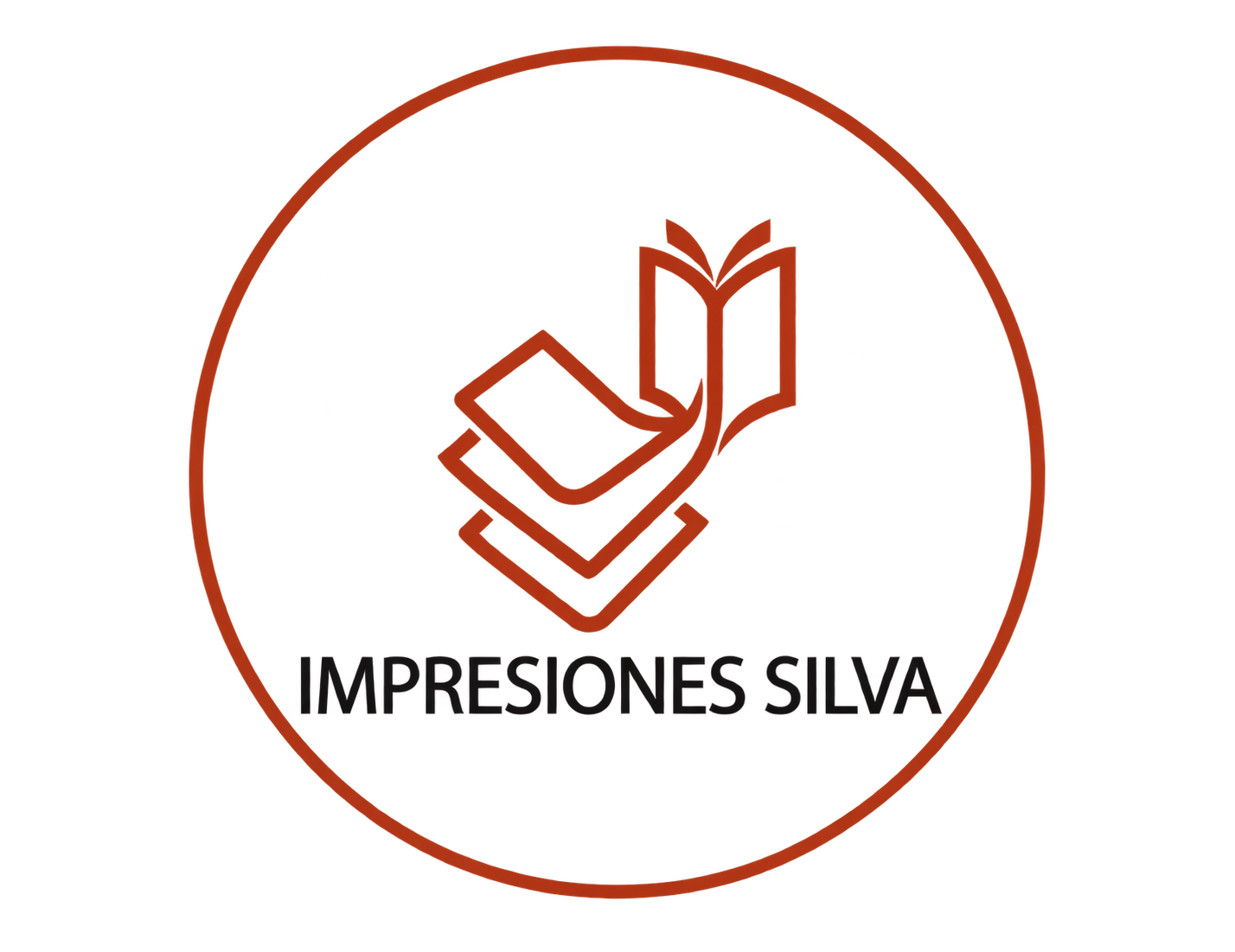Impresiones Silva: sello circular con hojas que se transforman en un libro